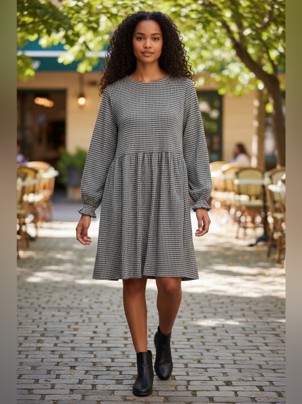 LOFT Black & White Houndstooth Long-Sleeve Swing Dress